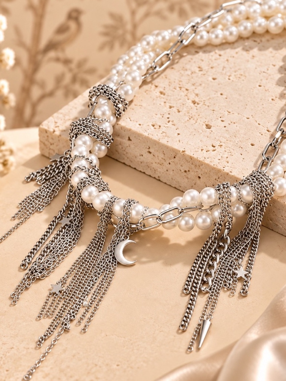 Silver Tone Pearl Chain Tassel Statement Necklace